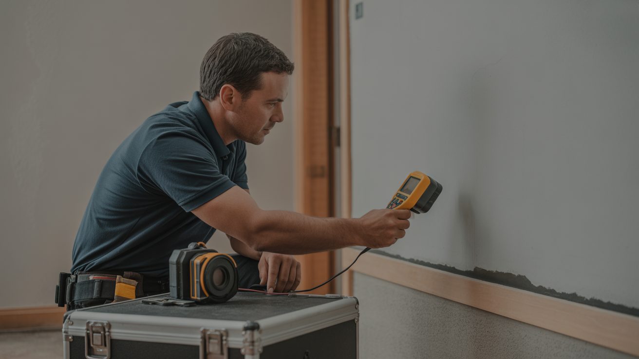 Technician taking a moisture-meter reading on a wall in Cincinnati